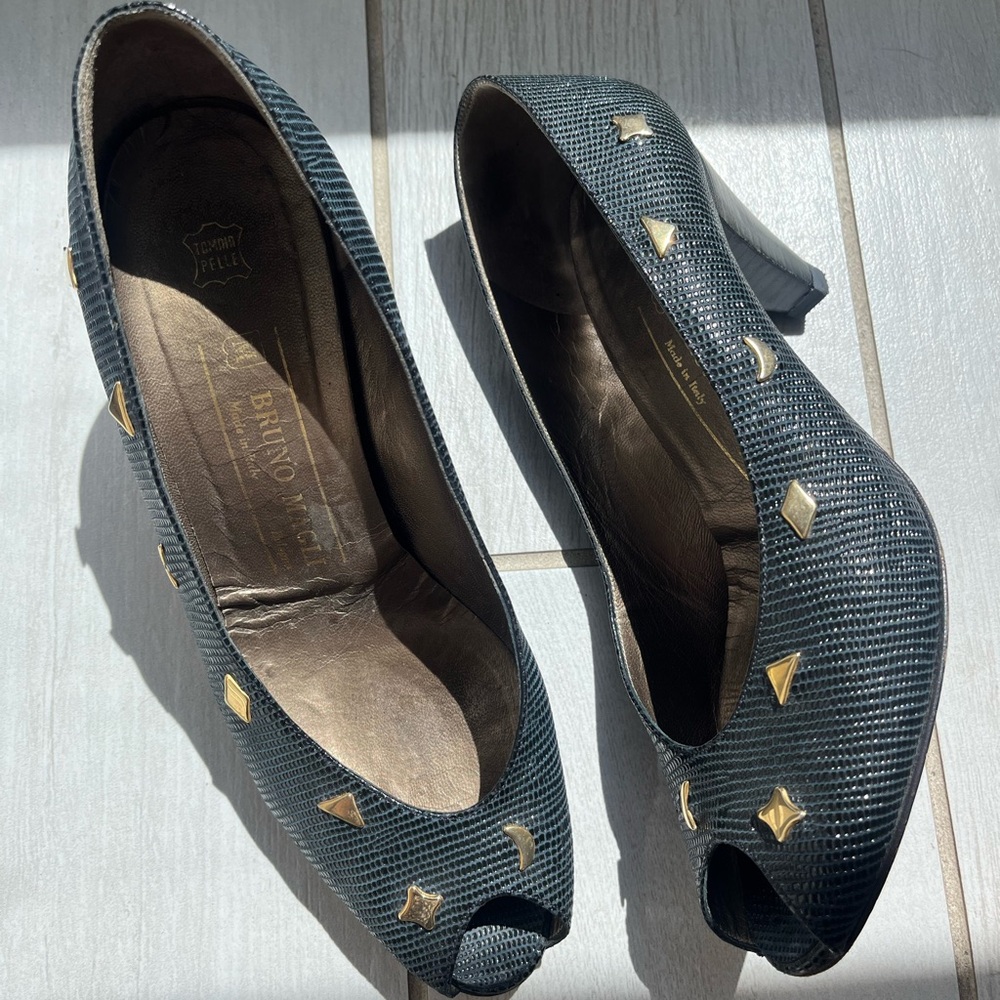 BRUNO MAGLI embellished peep toe heels w/ gold star, moon, triangle accents